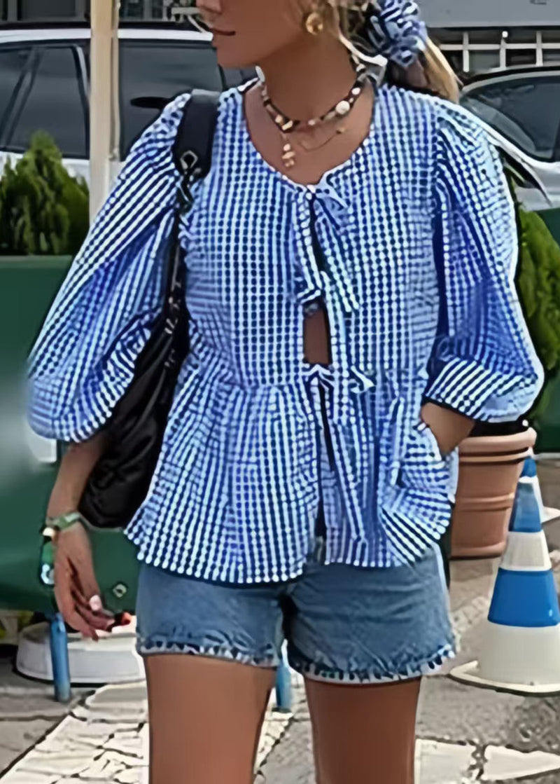 Blue Puff Sleeve Plaid Lace Up Cotton Shirts Summer