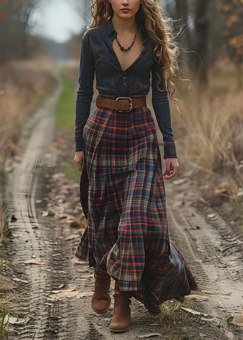 V Neck Plaid Patchwork Cotton Long Dress Spring