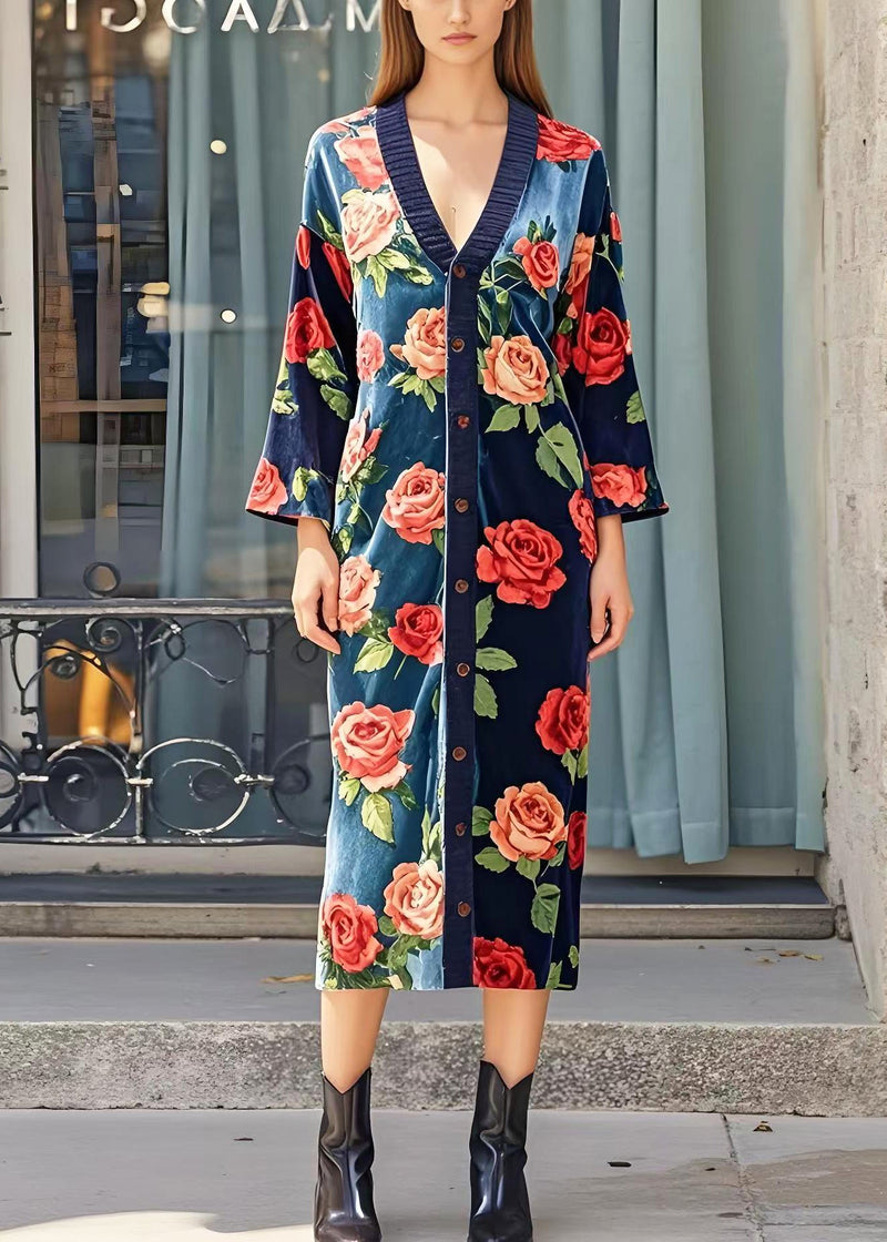 Italian Navy V Neck Silk Velvet Long Dress Spring