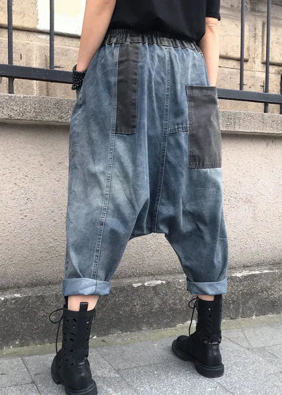 Blue Embroidered Elastic Waist Denim Pants Summer