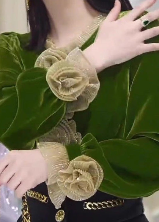 Boutique Green Ruffled Velour Blouse Tops Fall