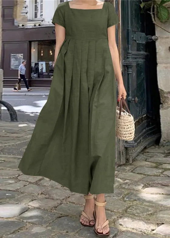 Apricot Square Collar Wrinkled Cotton Long Dress Summer