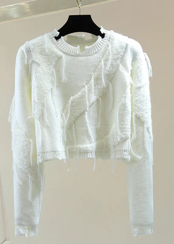Purple O-neck Ripped Tassel Cotton Knit Sweater Winter