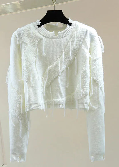 Purple O-neck Ripped Tassel Cotton Knit Sweater Winter