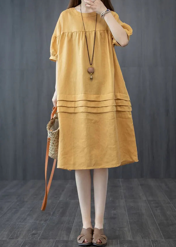 Style Yellow Oversized Patchwork Wrinkled Mid Dress Summer
