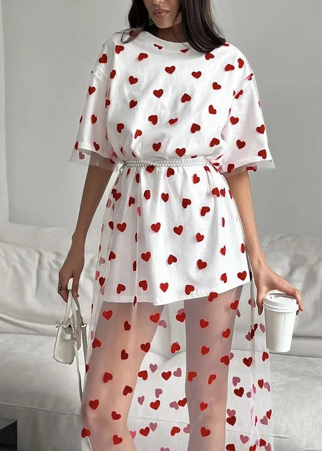 Pink O Neck Heart Patchwork Tulle T Shirt Dress Summer