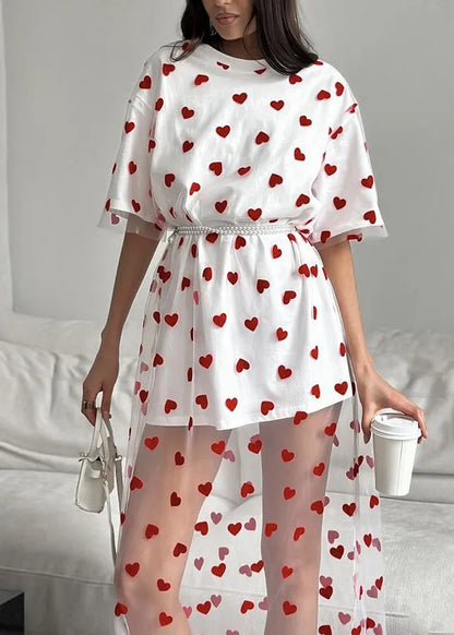 Pink O Neck Heart Patchwork Tulle T Shirt Dress Summer