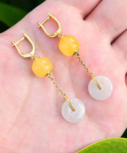 Yellow Sterling Silver Overgild Jade Beeswax Drop Earrings