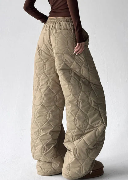Khaki Thick Elastic Waist Cotton Filled Wide Leg Pants Pockets