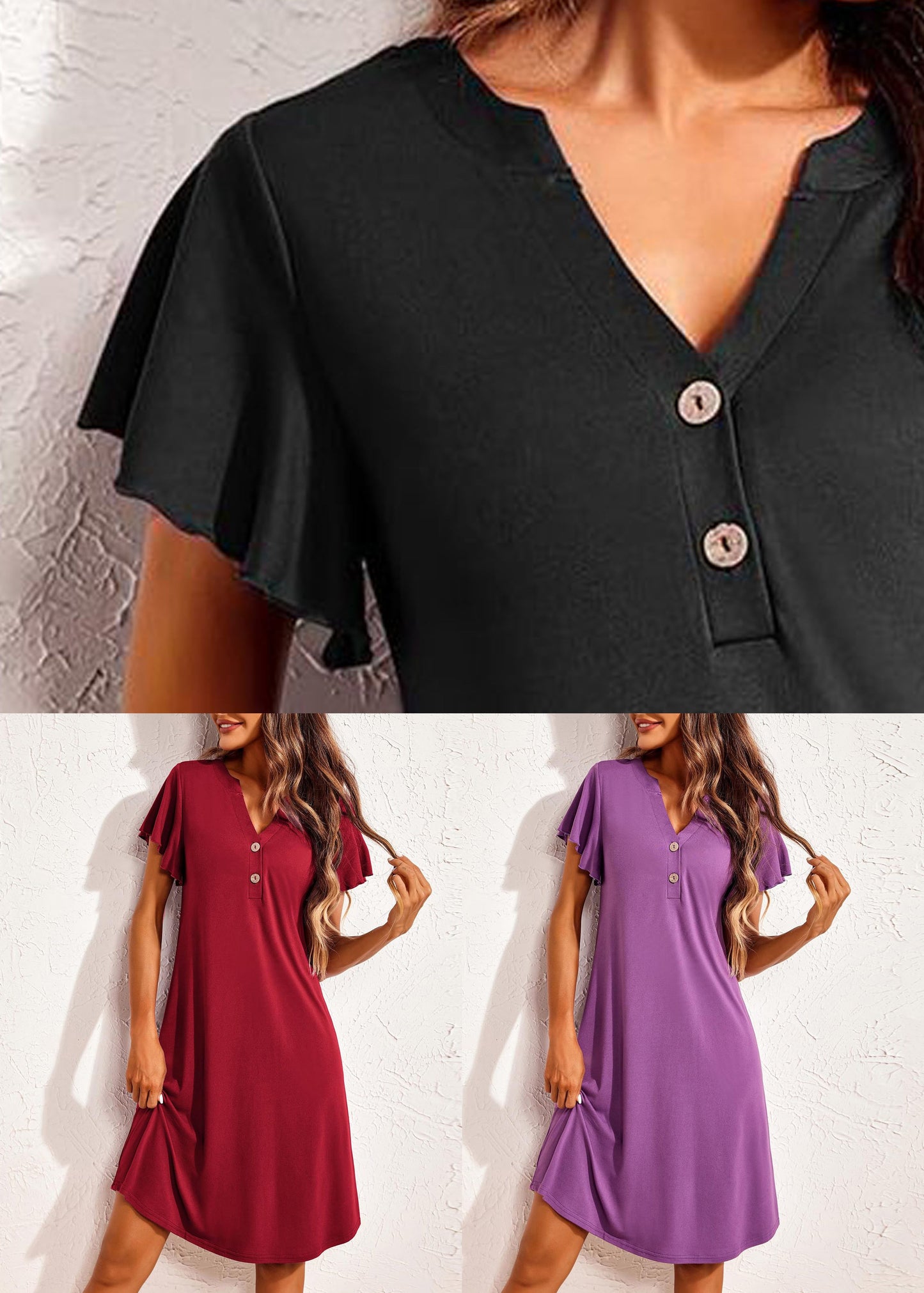 Wine Red Cotton Summer Pajamas Dresses V Neck