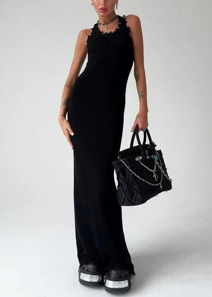 Slim Fit Khaki O Neck Knit Maxi Dresses Sleeveless