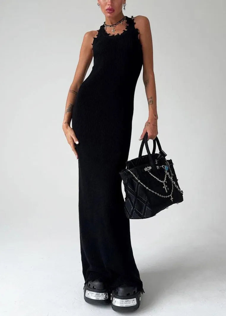 Slim Fit Khaki O Neck Knit Maxi Dresses Sleeveless