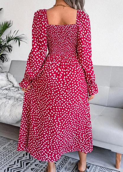 Red Square Collar Print Wrinkled Cotton Dresses Spring