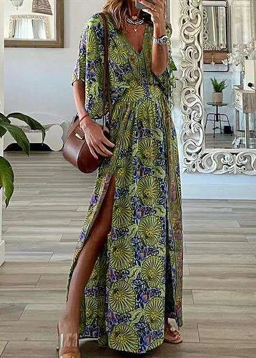 Blue Print Side Open Cotton Beach Dress Summer
