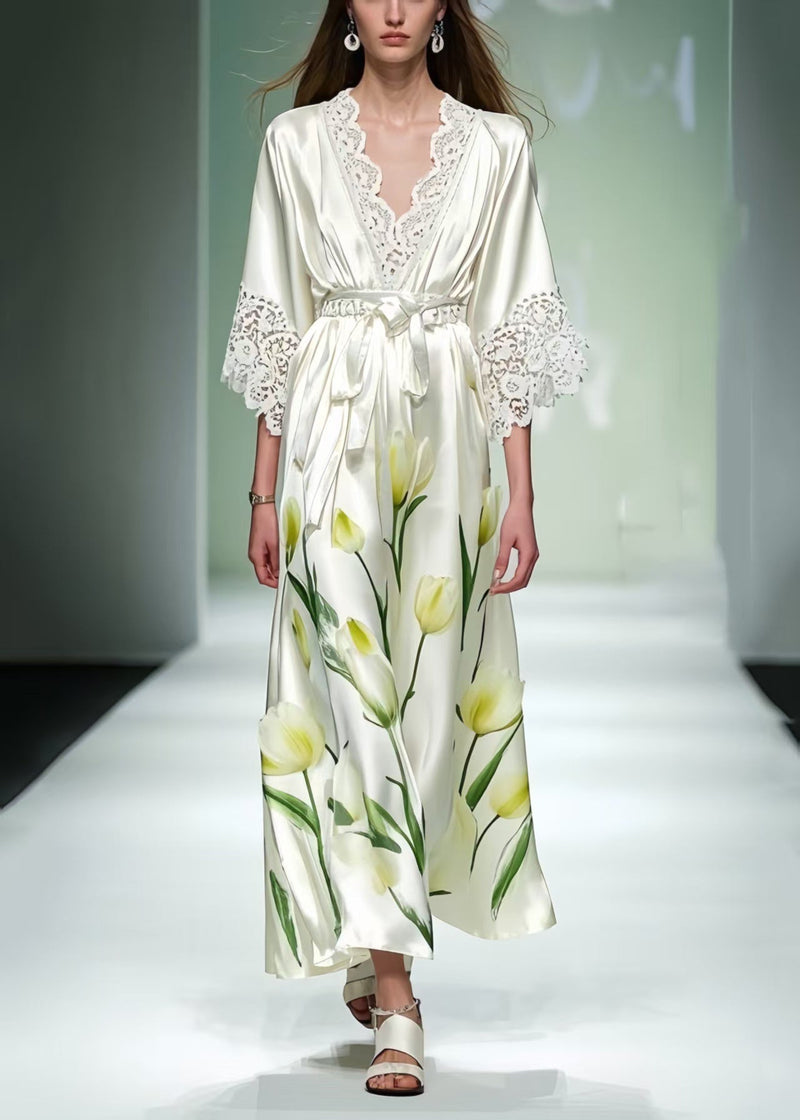 White Print Patchwork Lace Tunic Dress Summer