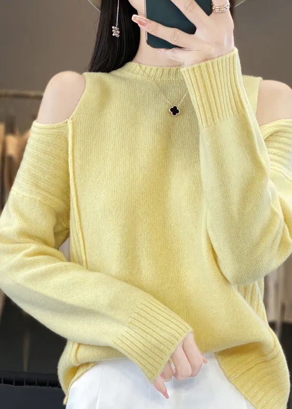 Style Grey O-neck Cold Shoulder Woolen Knit Sweaters Spring