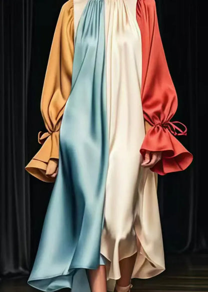 Colorblock Oversized Patchwork Silk Long Dress Flare Sleeve
