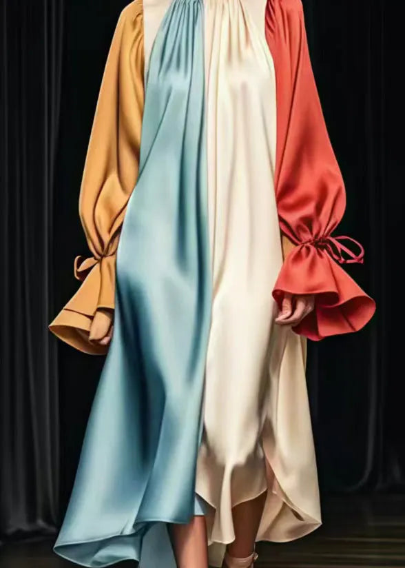 Colorblock Oversized Patchwork Silk Long Dress Flare Sleeve