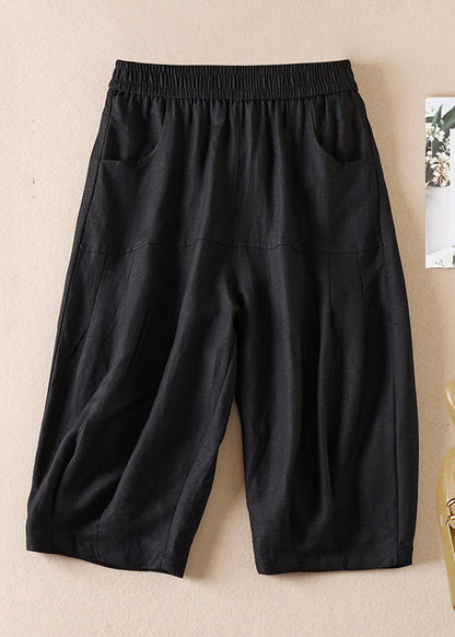 Beige Pockets Wrinkled Elastic Waist Cotton Shorts Summer