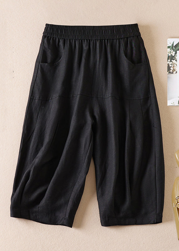 Beige Pockets Wrinkled Elastic Waist Cotton Shorts Summer