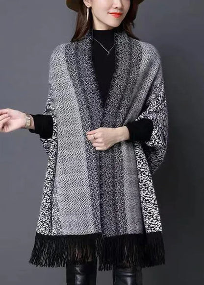 Grey V Neck Tasseled Patchwork Knit Cardigans Fall
