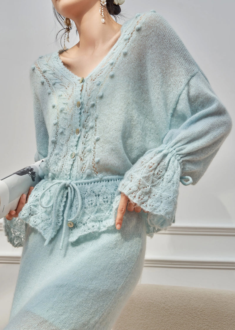 Loose Blue Hollow Out Tie Waist Knit Sweater Flare Sleeve