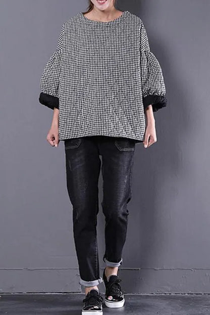 Limited Stock- Plaid Loose Blouse Three Quarter Sleeve Top