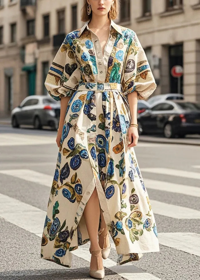 Khaki Oversized Print Cotton Long Dress Lantern Sleeve
