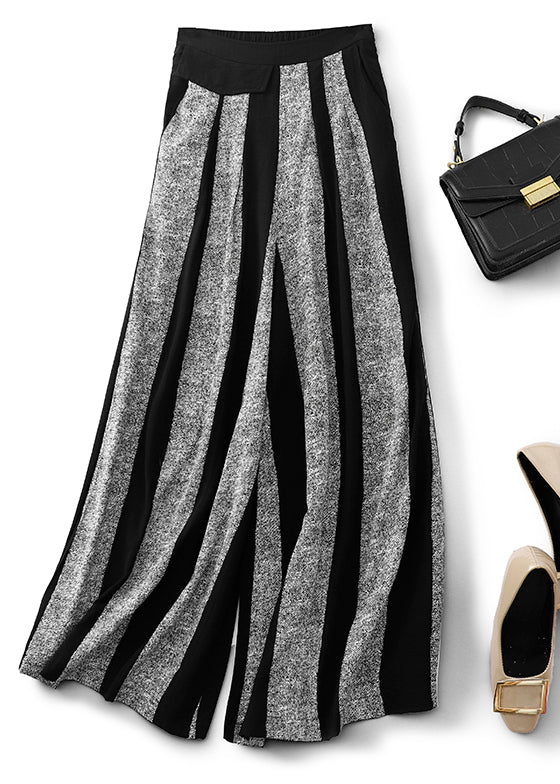 Black Striped Patchwork Cotton Wide Leg Pants Fall