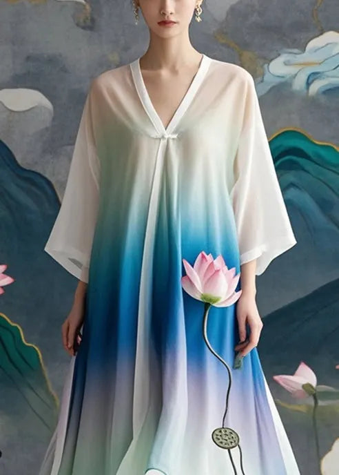 Boutique Gradient Color Lotus Print Chiffon Long Dress Fall