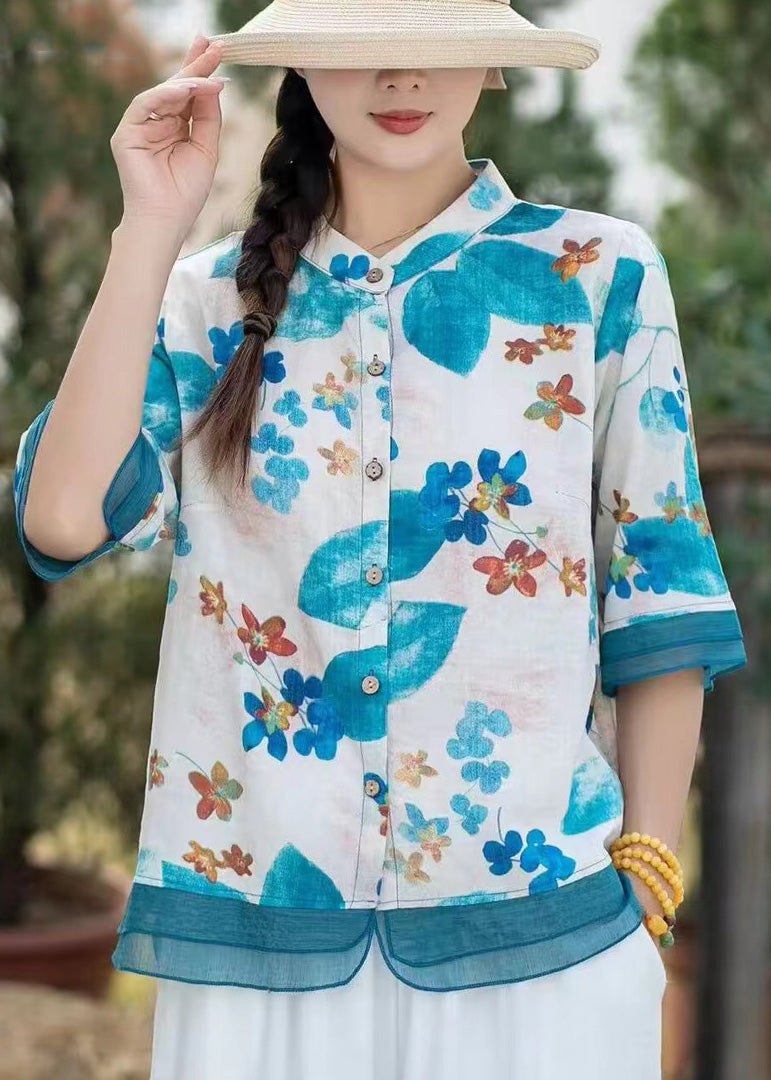 Green Stand Collar Print Linen Shirt Top Half Sleeve