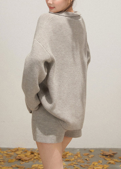Light Grey Knit Cozy Two Pieces Set Deep-v Neck Fall