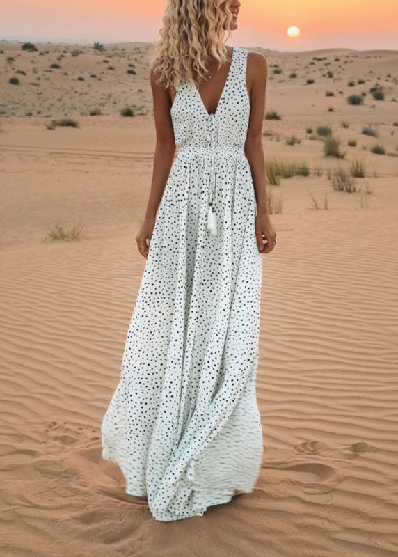 Blue V Neck Dot Print Chiffon Dress Sleeveless