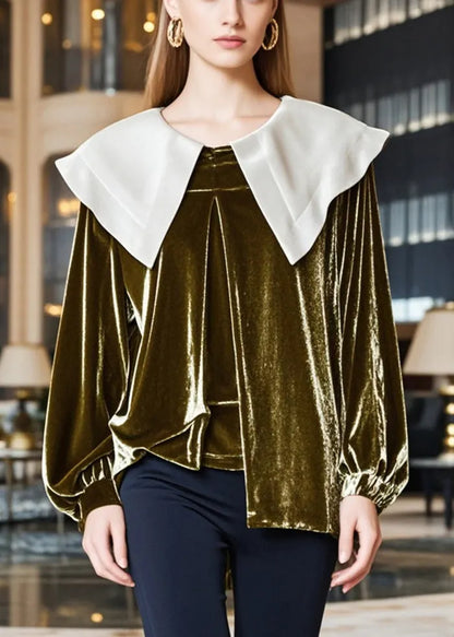 Tea Green Peter Pan Collar Silk Velour Tops Fall