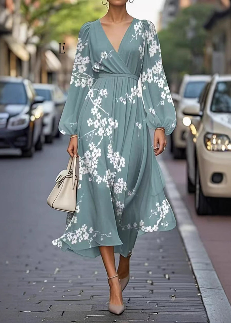 Boutique V Neck Print Wrinkled Puff Sleeve Chiffon Long Dress