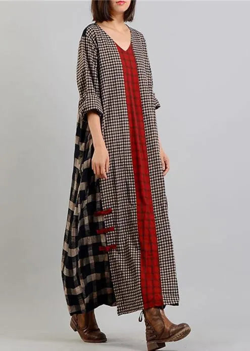 V Neck Patchwork Cotton Linen Spring Quilting Clothes Tunic Tops Plaid Dresses