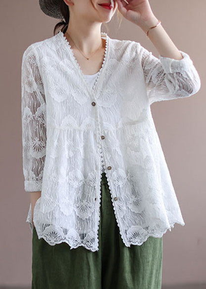White V Neck Embroidered Lace Cardigans Tops Spring