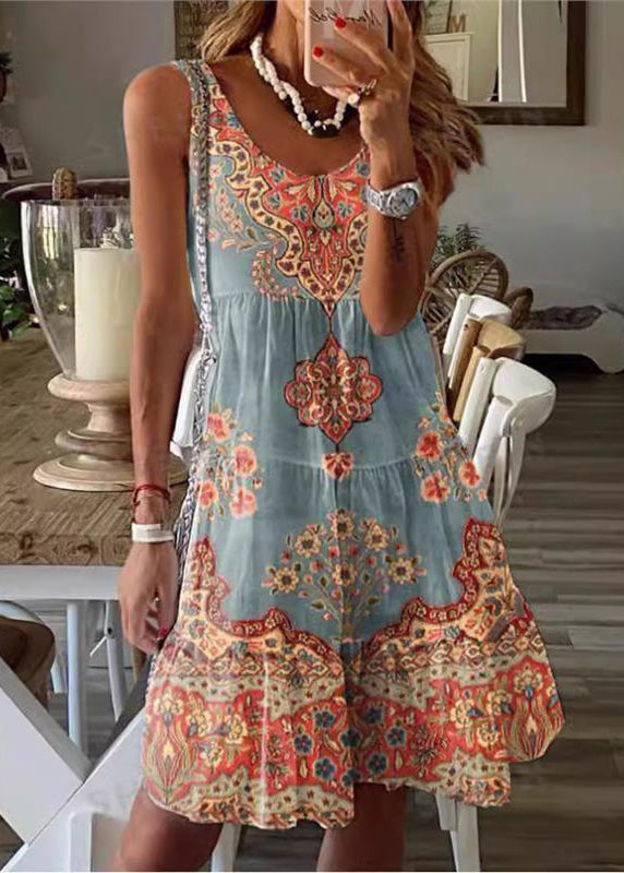 Yellow Green Print Cotton Mid Dress Sleeveless