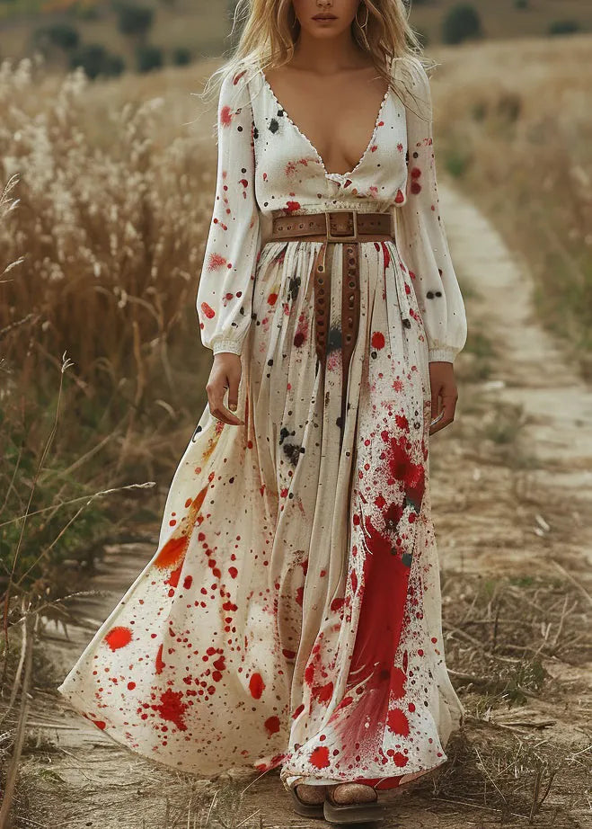 Beige V Neck Print Cotton Long Dress Spring
