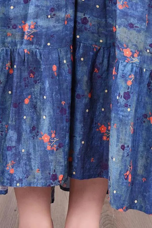 Pleated Lace-up Print Maxi Dress