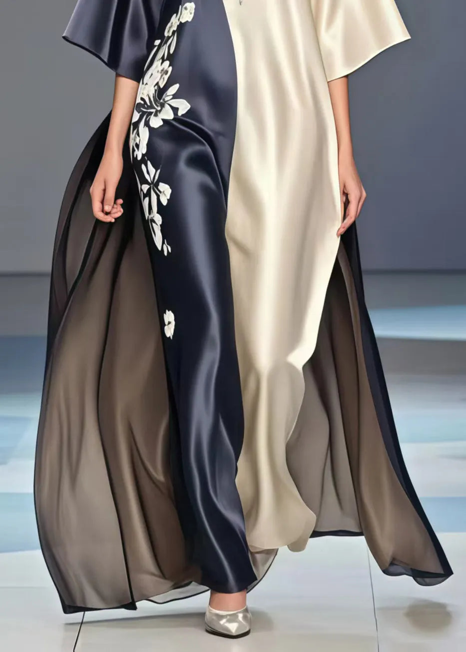 Colorblock Print Exra Large Hem Silk Long Dresses Summer