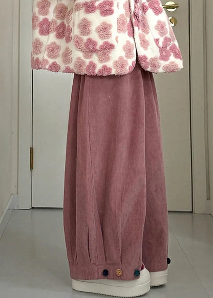 Pink Pockets Mink Velvet Coats and Wide Leg Pants Two Piece Set Winter
