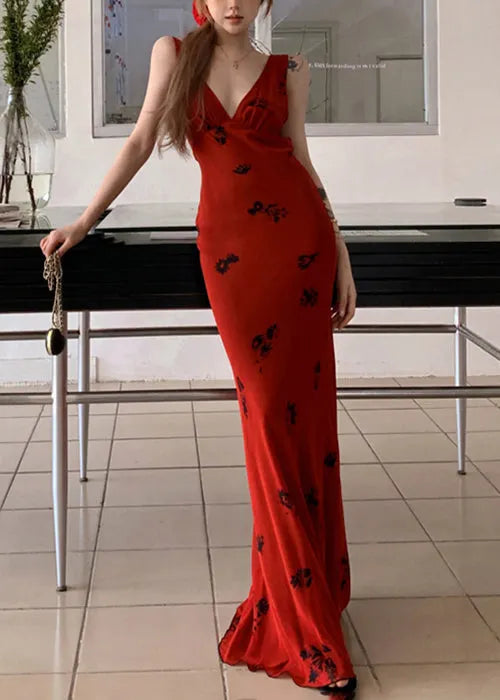 Slim Fit Red V Neck Print Lace Up Cotton Maxi Dresses Sleeveless