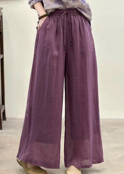 Yellow Pockets Elastic Waist Linen Pants Summer