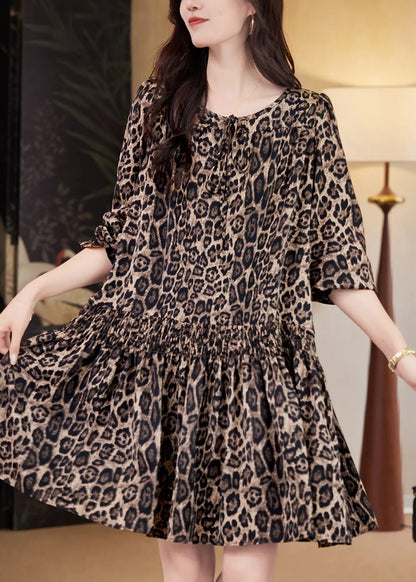 Coffee Leopard Print Elastic Waist Mid Dresses Fall
