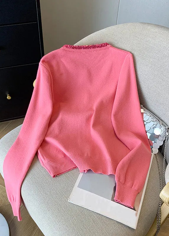Pink Embroidered Sequins Cotton Knit Cardigans Fall