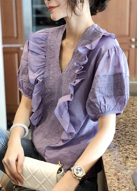Purple V Neck Ruffled Patchwork Cotton Tops Lantern Sleeve