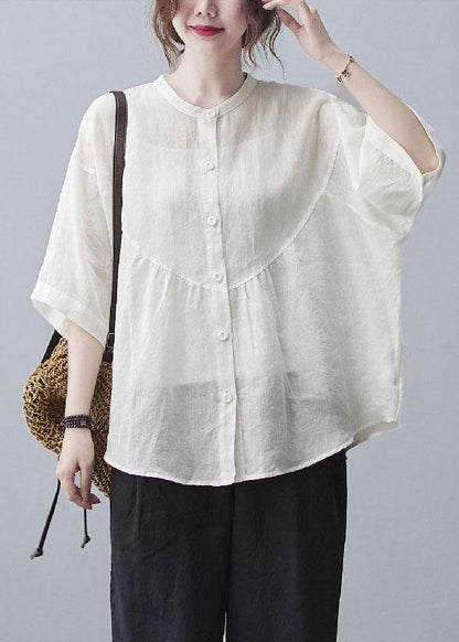 White Stand Collar Button Summer Cotton Linen Blouses