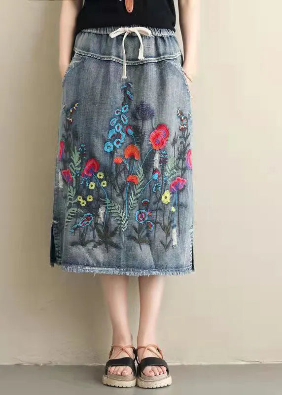 Light Blue Embroidered Pockets A-line Summer Denim Skirts