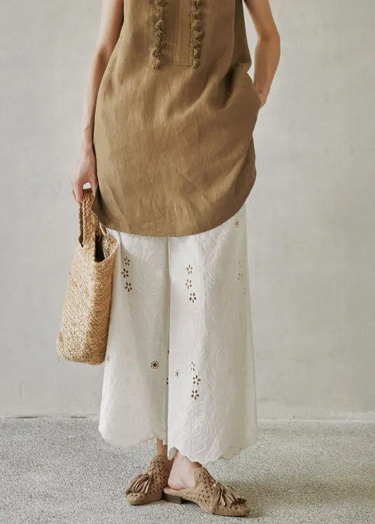 Beige Embroidered Pockets Cotton Wide Leg Pants Summer